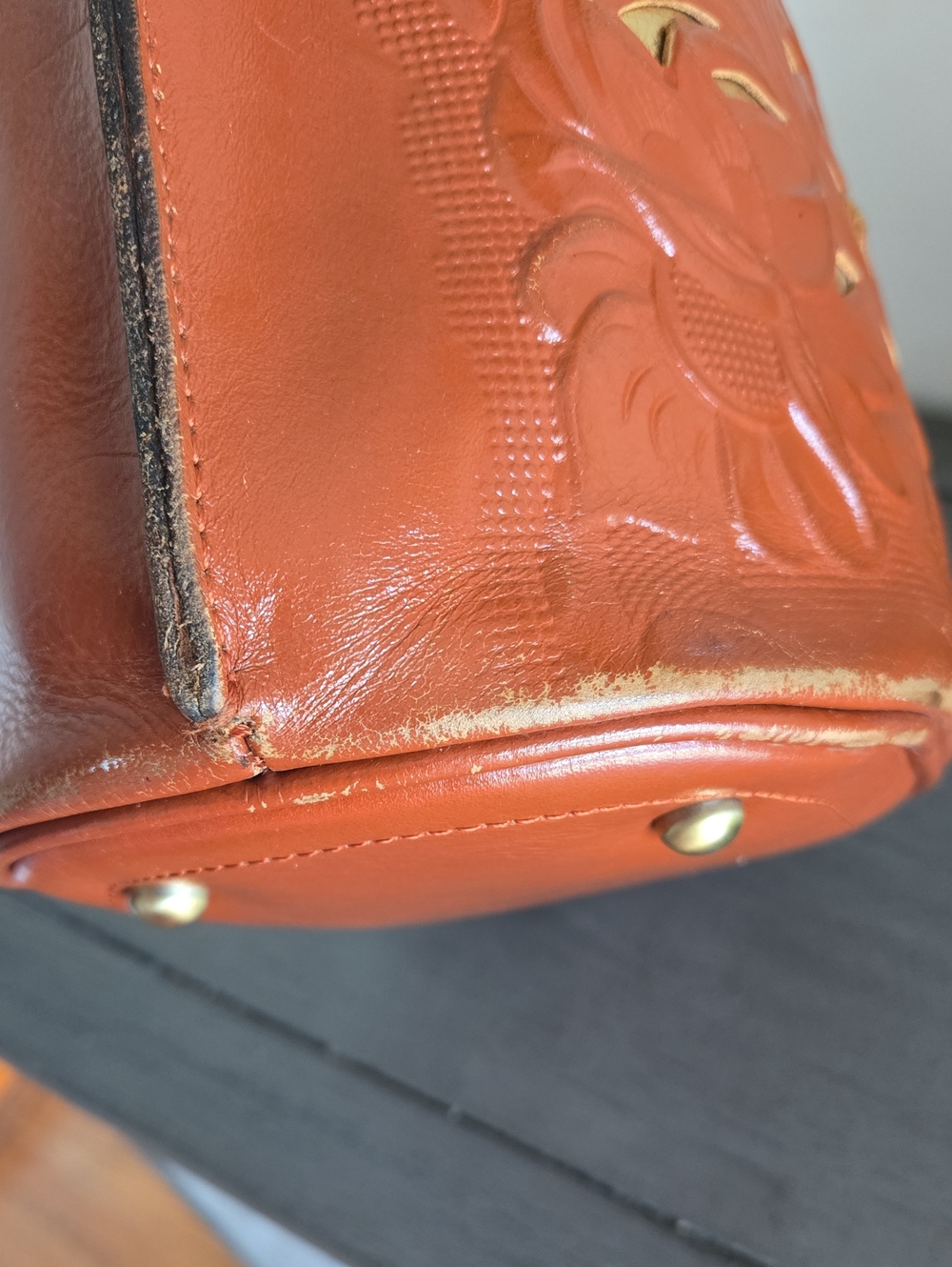 Patricia Nash Lavello Leather Bucket Bag - Rust Brown/Gold Lining - Picture 6 of 13
